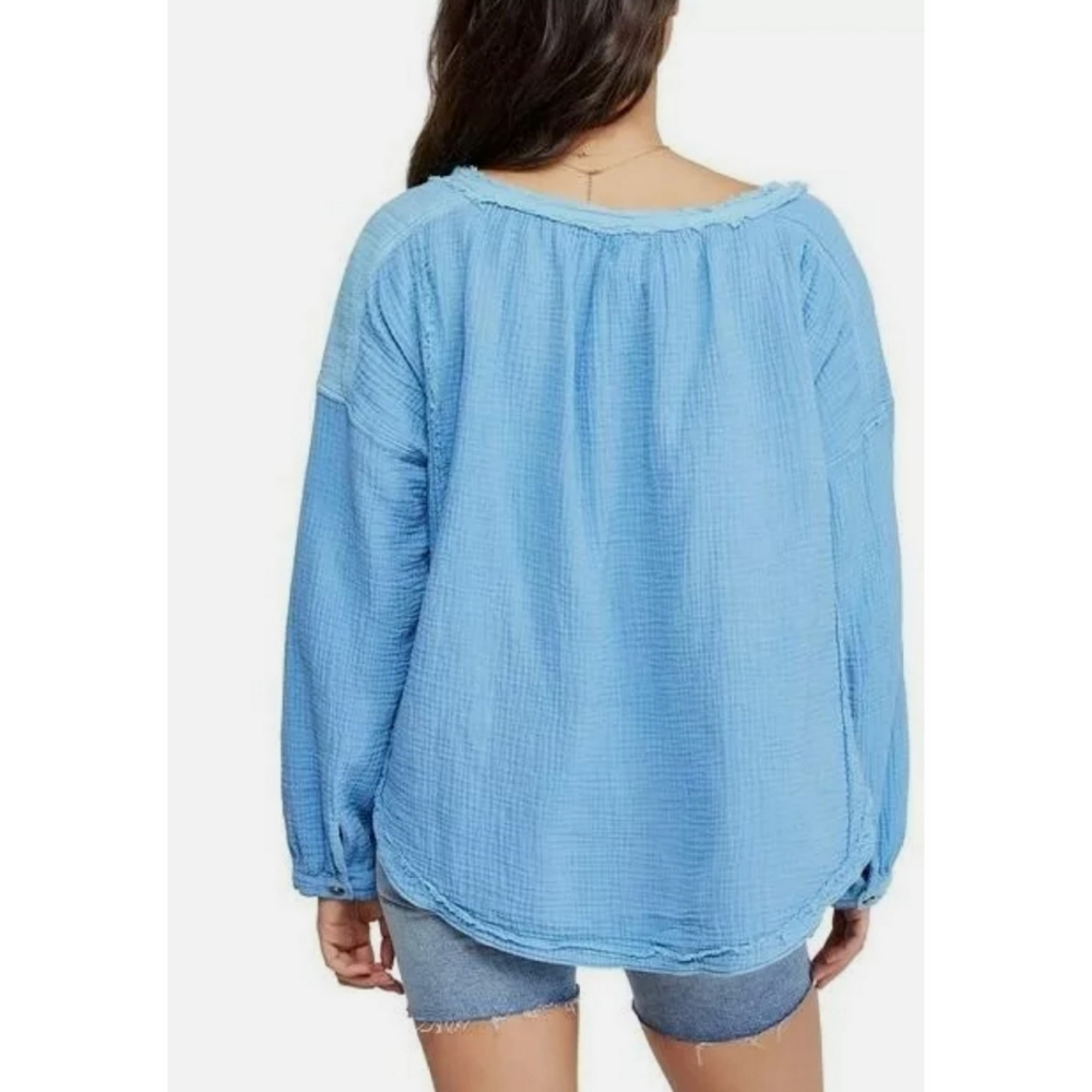 FREE PEOPLE We The Free Moving Mountains Frayed Round Neck Top Blue Womens Small - Picture 5 of 6